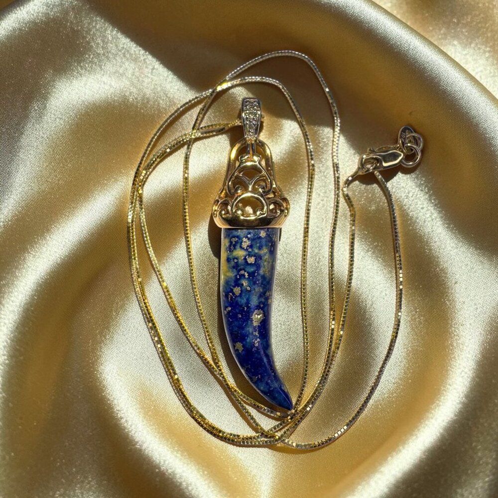 10K Gold - Lapis Lazuli & Diamond Tusk Necklace -20"- Ornate Filigree  -5.4g - Picture 10 of 16